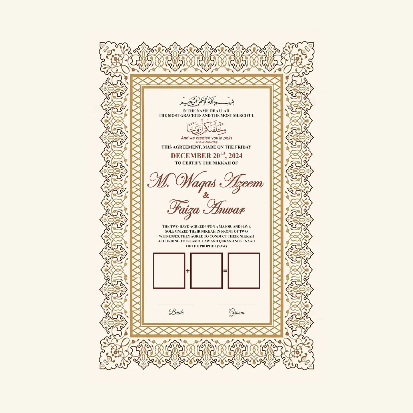 Nikkah Certificate with Pvc Frame